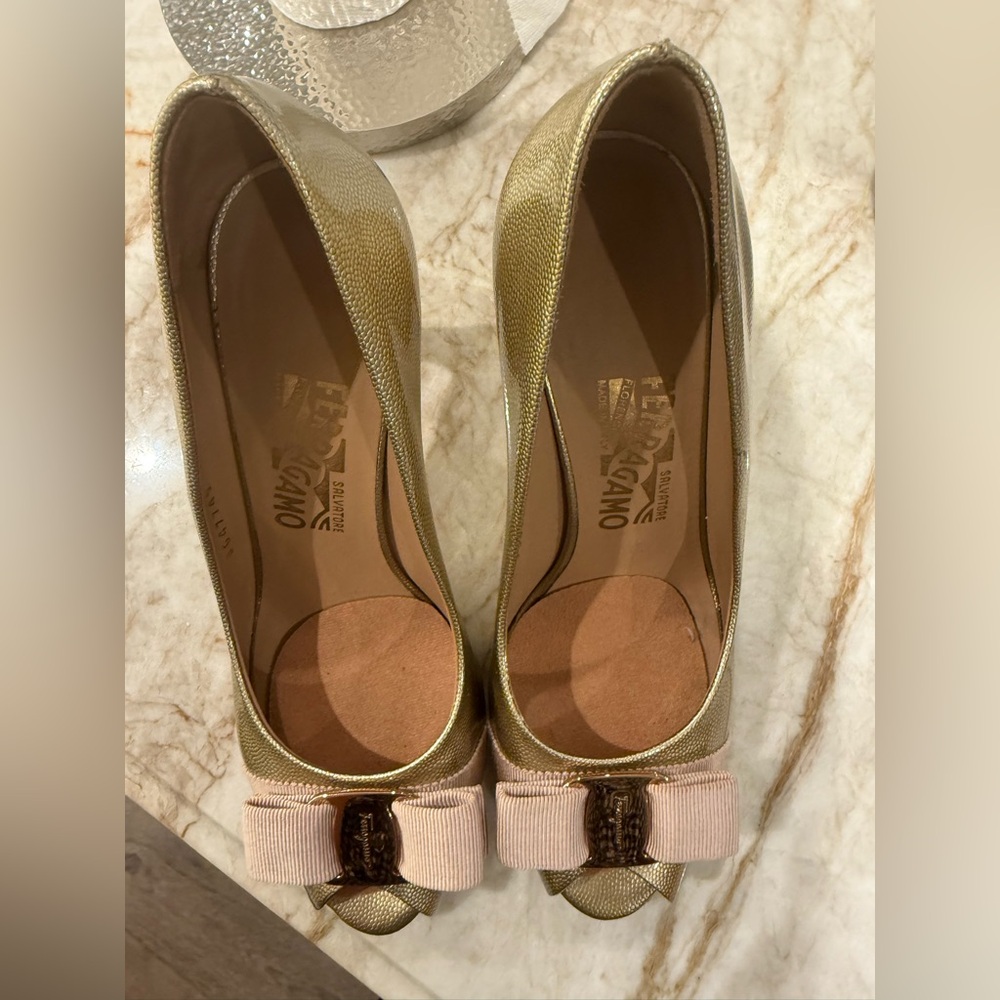 Salvatore Ferragamo Gold and Beige peep toe pumps